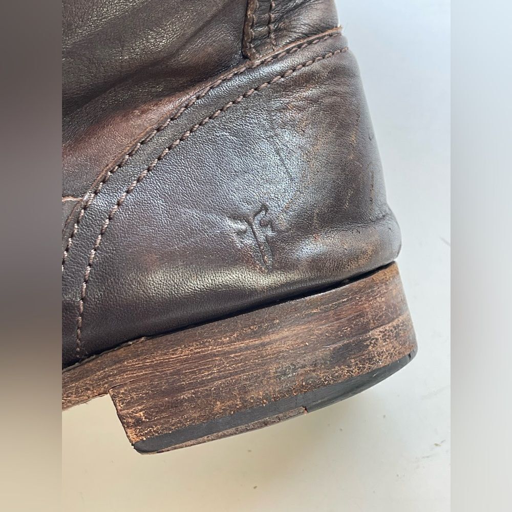 Frye Vintage Veronica tall buckle Slouchy Moto Boots in chocolate brown. 11 - Picture 8 of 15